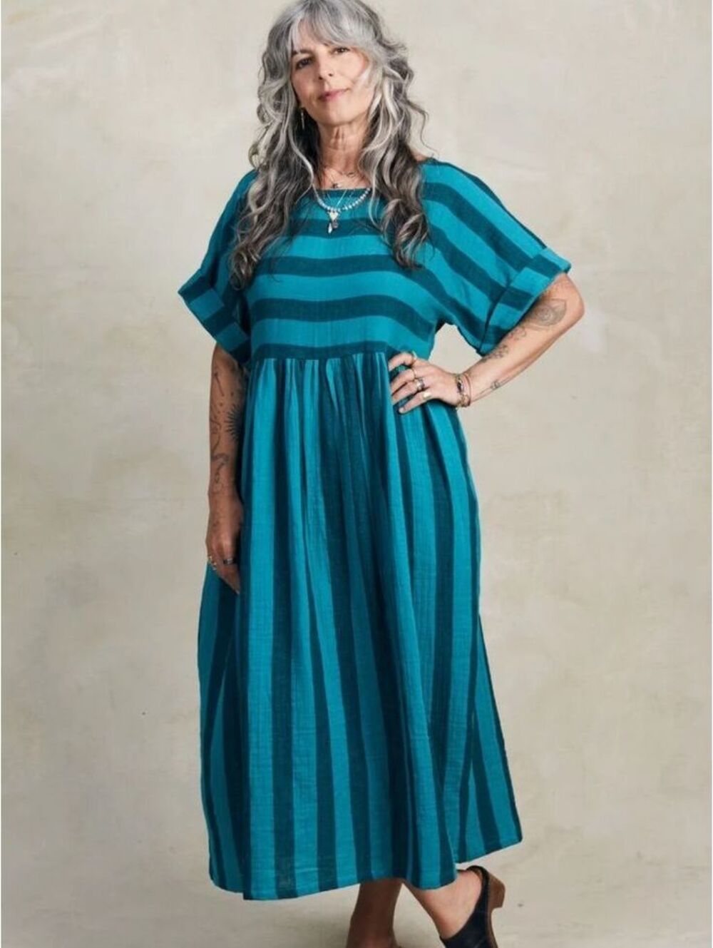 Curator SF Perry Dress Ocean Stripe Teal Blue Striped Gauze Babydoll Midi Size M